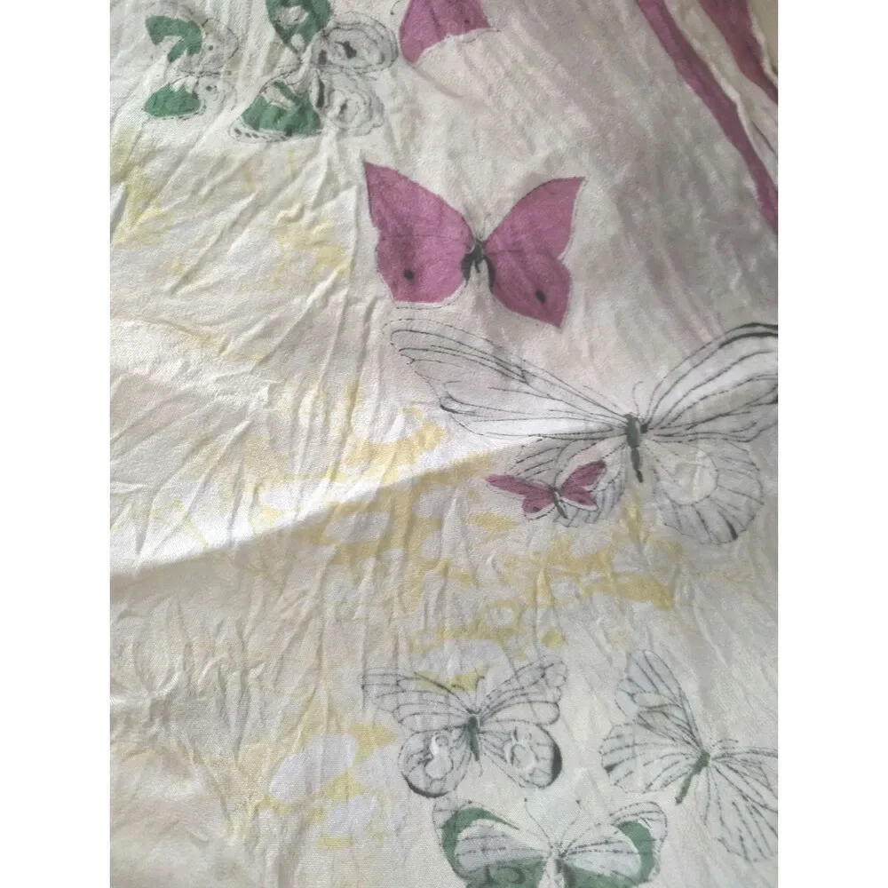 Vintage Butterfly Print Silk Scarf Cream Pink White Square Scarf Wrap